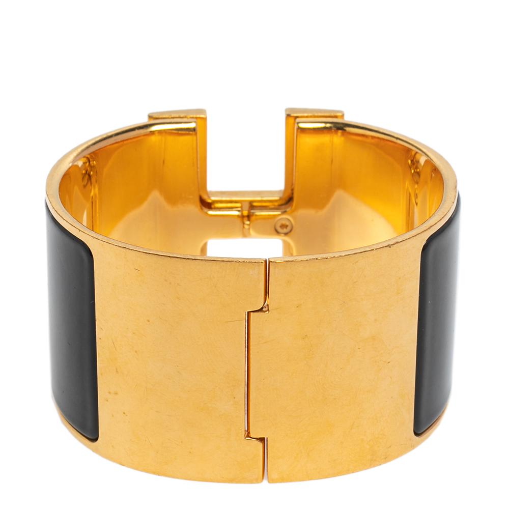 Hermès Clic Clac H Black Enamel Gold Plated Extra Wide Bracelet PM 1