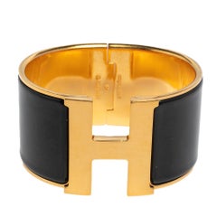 Hermès Clic Clac H Black Enamel Gold Plated Extra Wide Bracelet PM