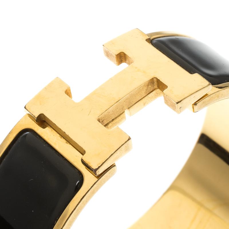 Contemporary Hermes Clic Clac H Black Enamel Gold Plated Wide Bracelet PM