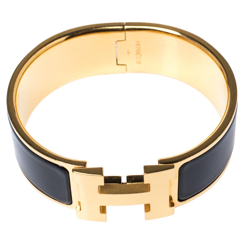 Hermes Clic Clac H Black Enamel Gold Plated Wide Bracelet PM In Good Condition In Dubai, Al Qouz 2