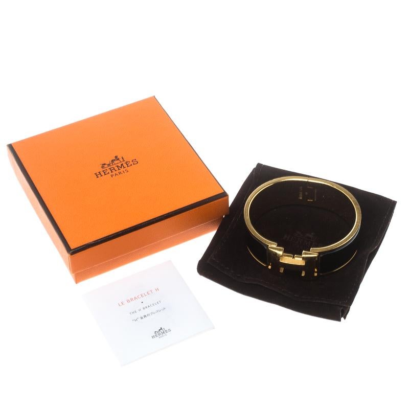Women's Hermes Clic Clac H Black Enamel Gold Plated Wide Bracelet PM