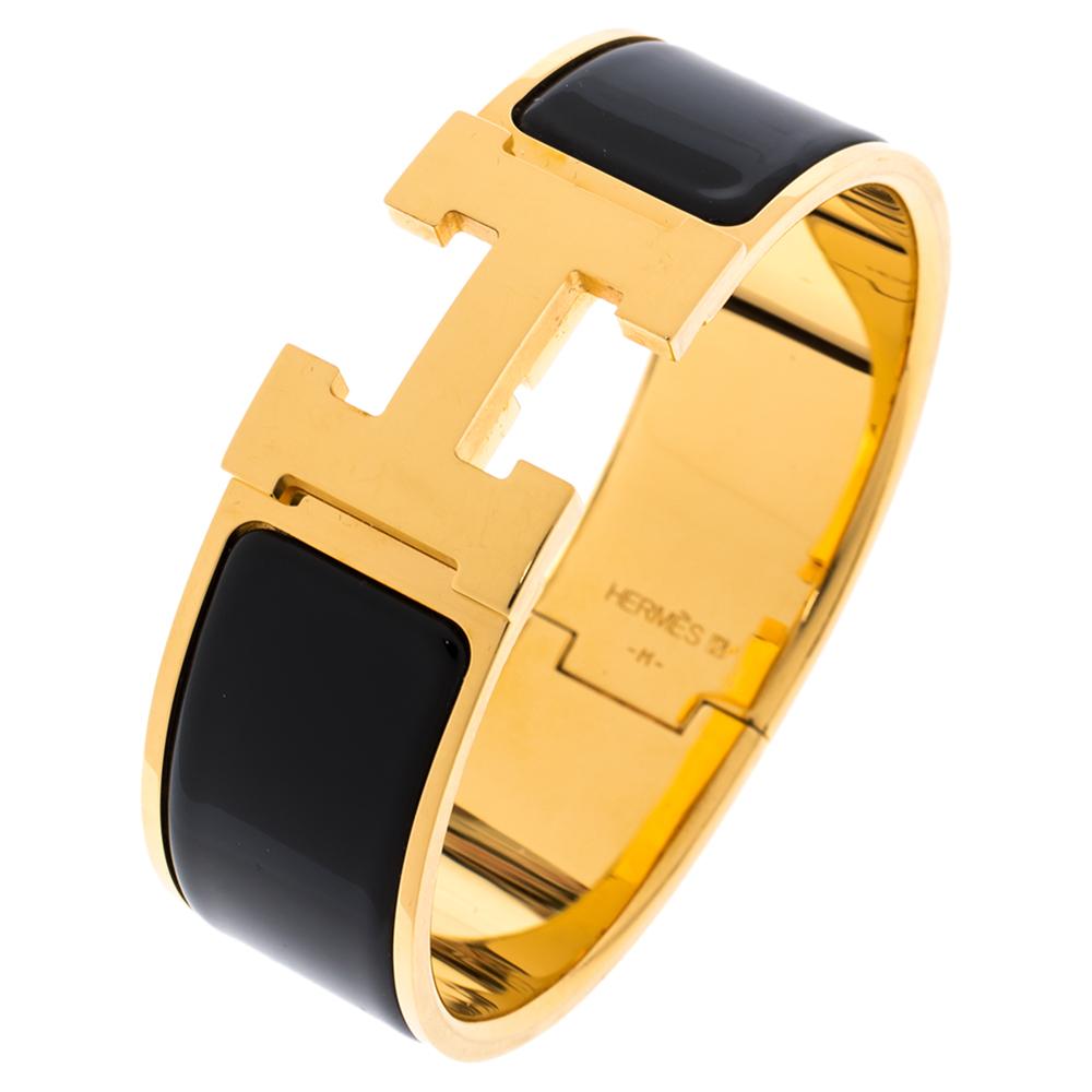 Hermes Clic Clac H Black Enamel Gold Plated Wide Bracelet PM 1