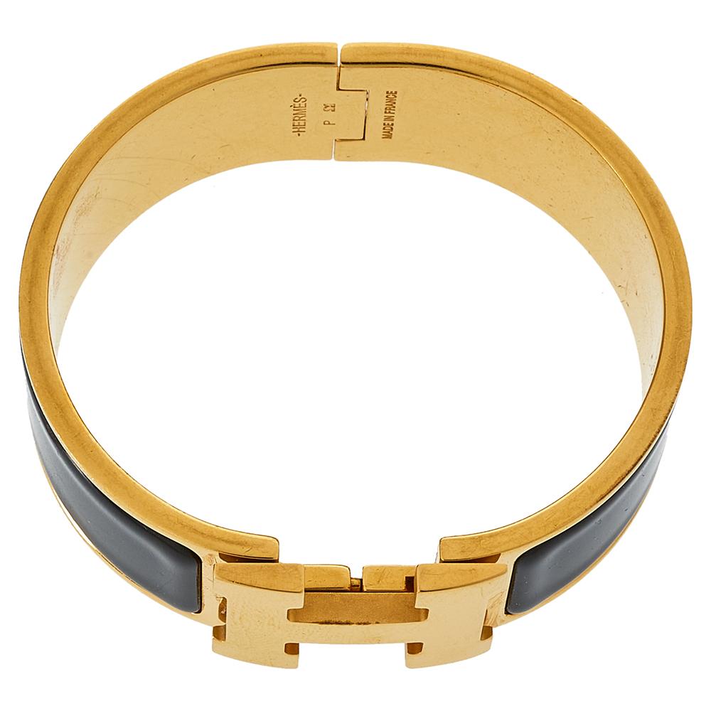 Contemporary Hermes Clic Clac H Black Enamel Gold Plated Wide Bracelet PM