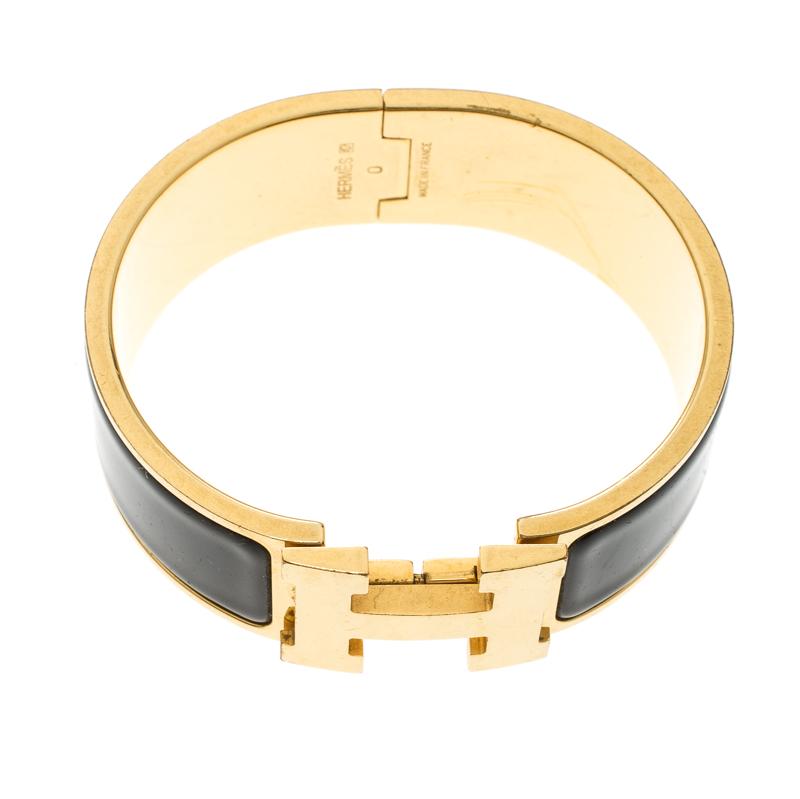 Hermes Clic Clac H Black Enamel Gold Plated Wide Bracelet PM 2