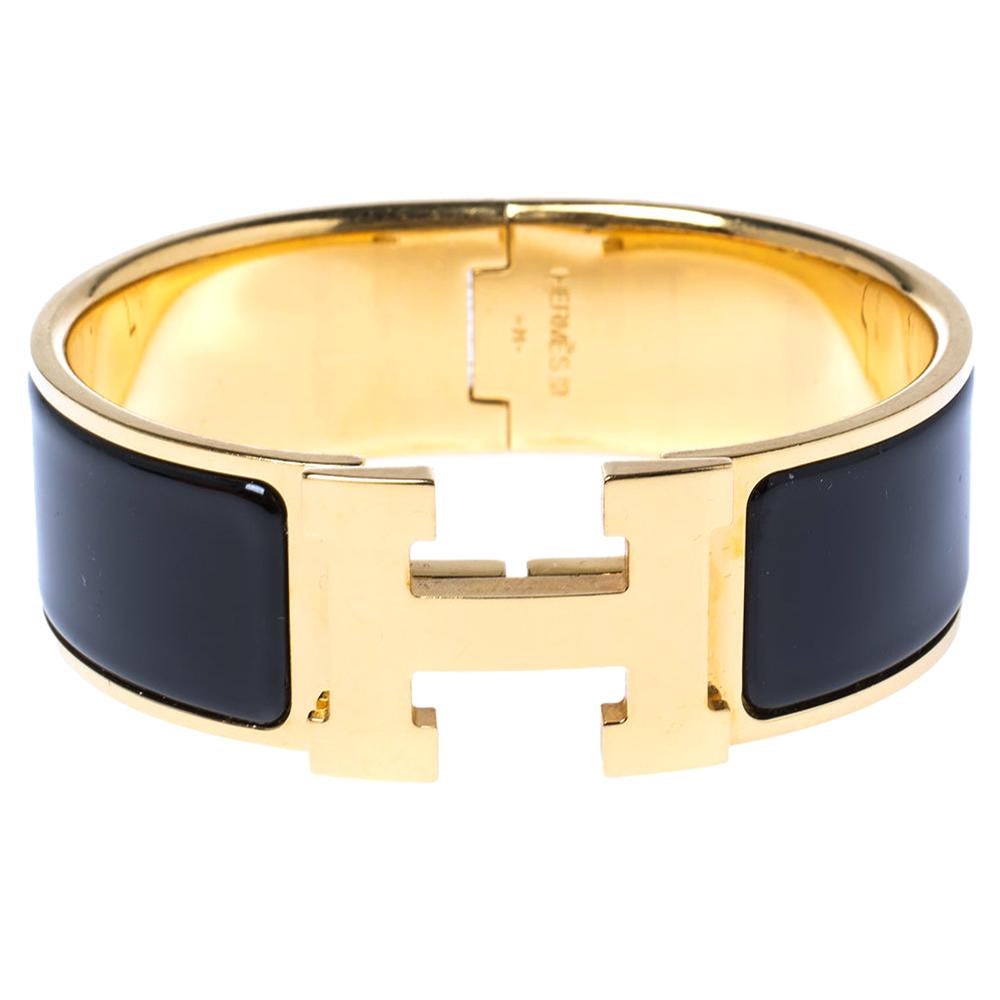 Hermes Clic Clac H Black Enamel Gold Plated Wide Bracelet PM