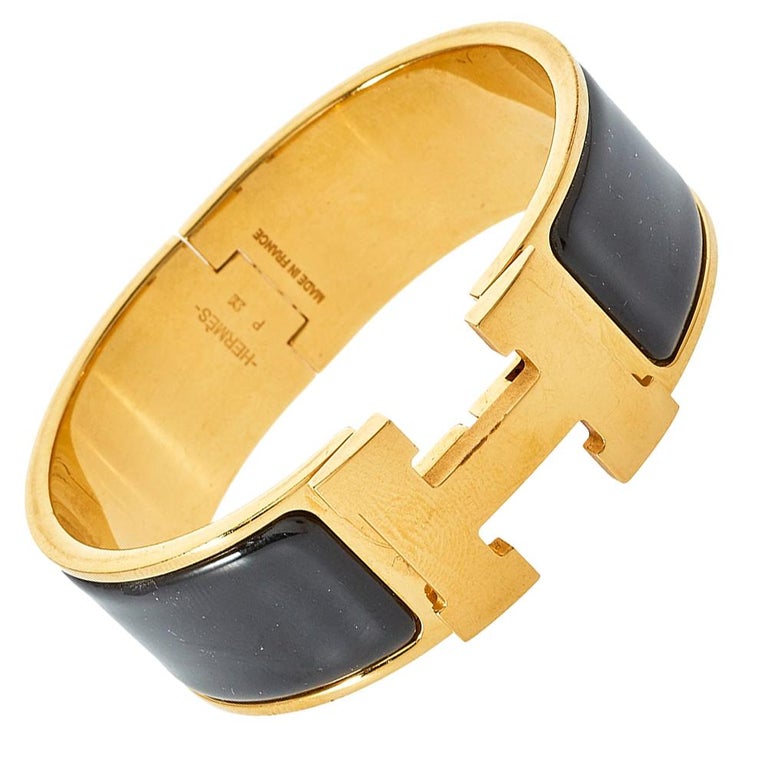 Hermes Clic Clac H Black Enamel Gold Plated Wide Bracelet PM at 1stDibs