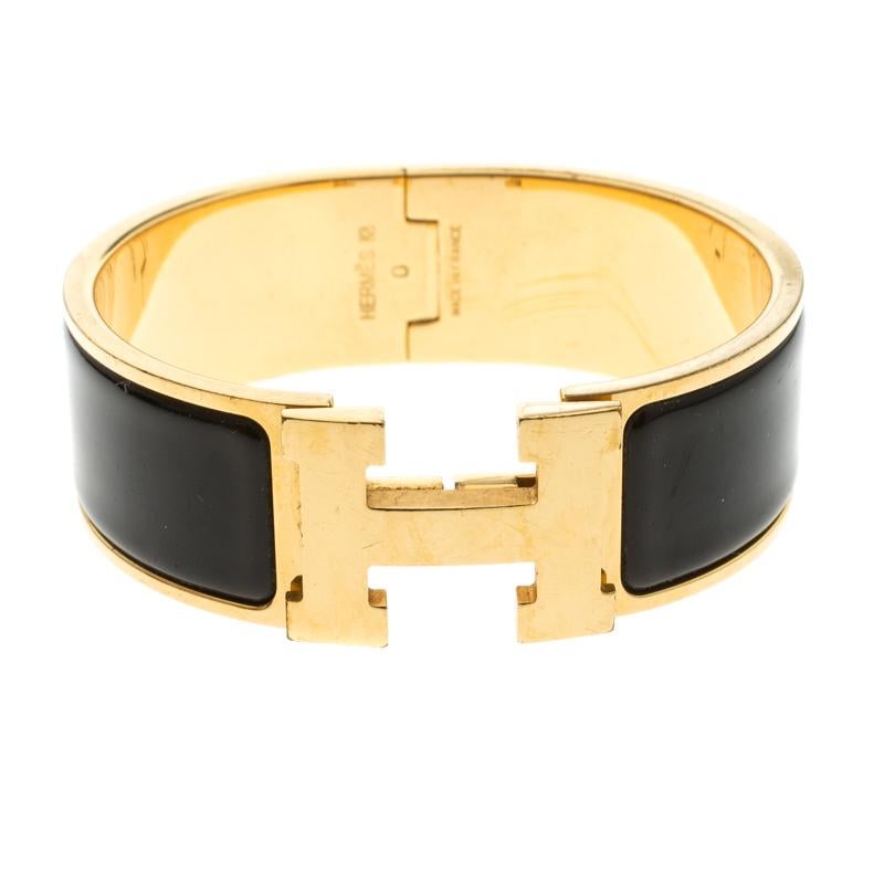 Hermes Clic Clac H Black Enamel Gold Plated Wide Bracelet PM