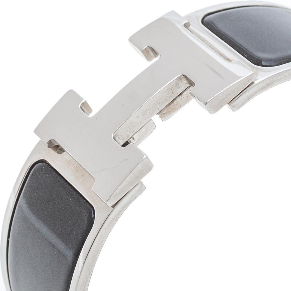Hermès Clic Clac H Black Enamel Palladium Plated Wide Bracelet PM 1