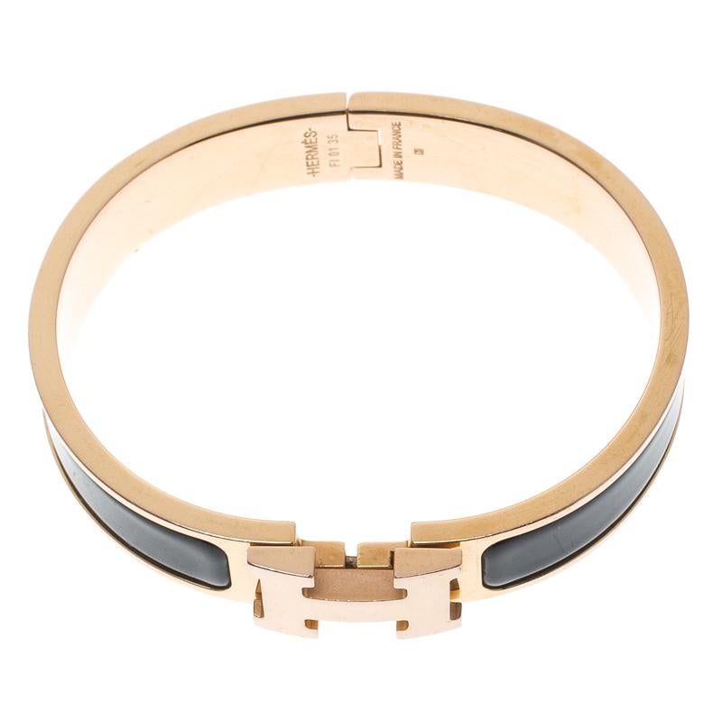 Hermes Clic Clac H Black Enamel Rose Gold Plated Narrow Bracelet PM In Good Condition In Dubai, Al Qouz 2
