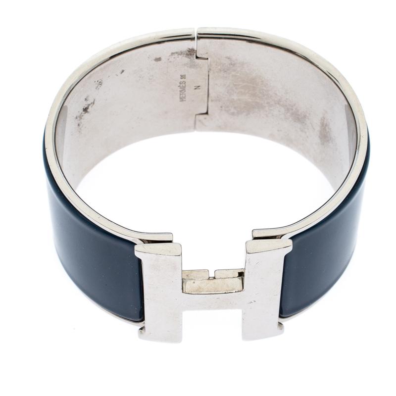 Hermès Clic Clac H Blue Biarritz Palladium Plated Extra Wide Bracelet GM 1