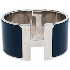 Hermès Clic Clac H Blue Biarritz Palladium Plated Extra Wide Bracelet GM