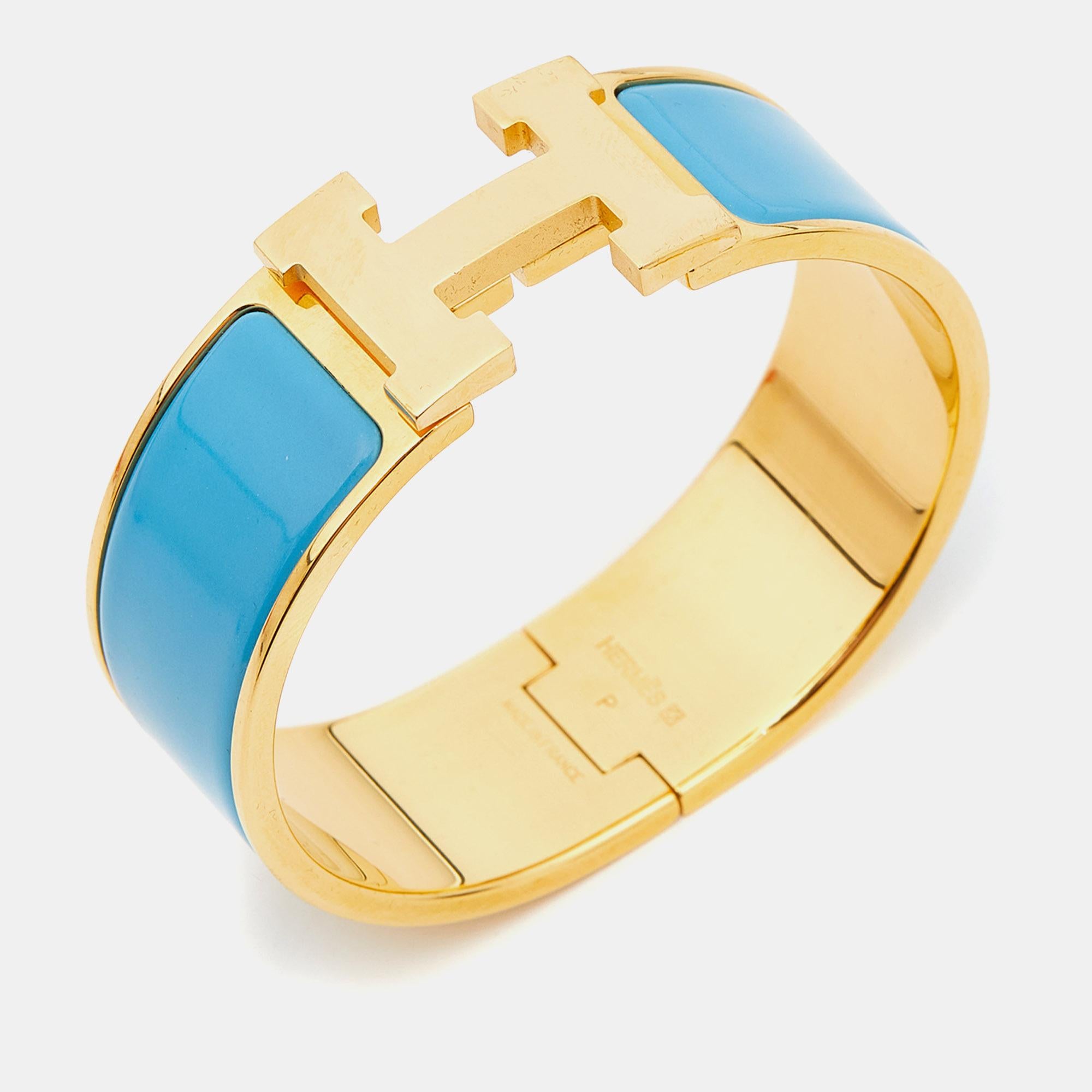 Hermès Clic Clac H Blau Emaille Vergoldetes Armband (Zeitgenössisch) im Angebot
