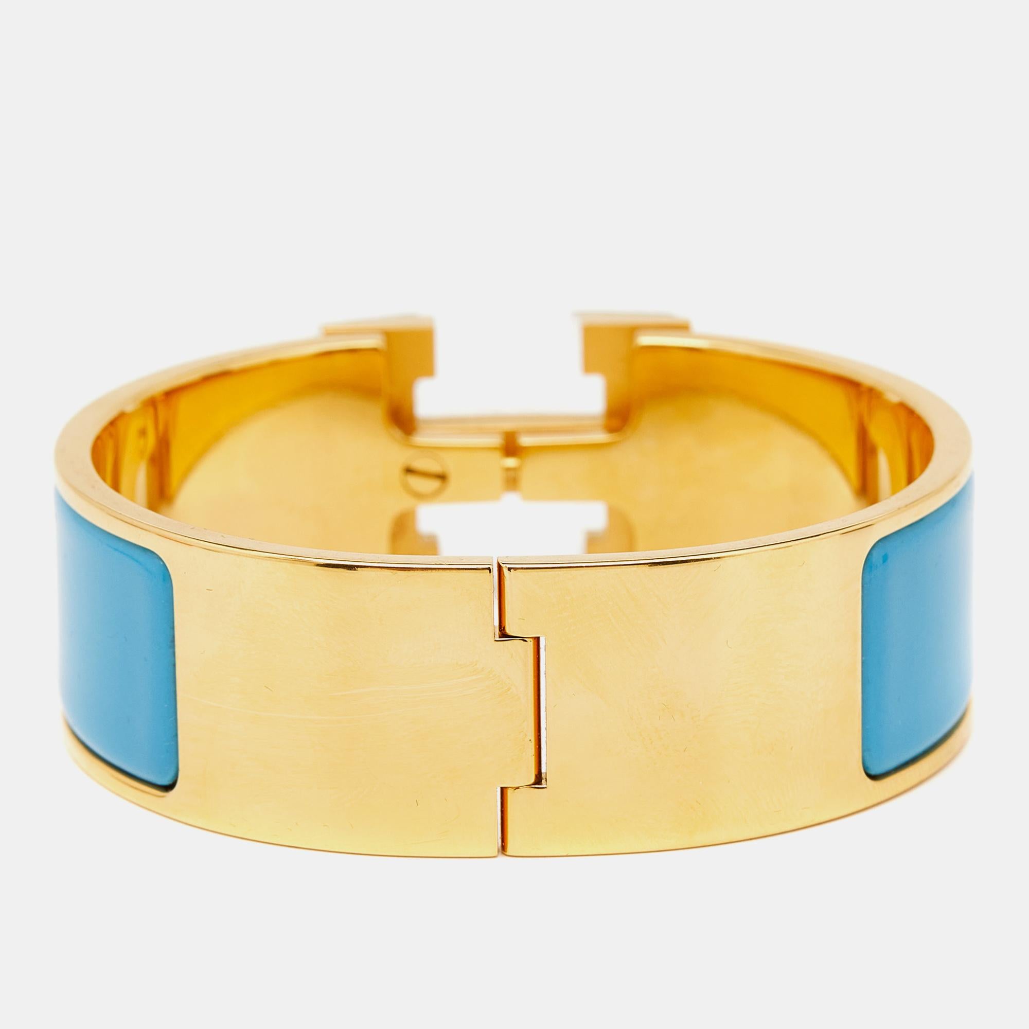 Hermès Clic Clac H Blau Emaille Vergoldetes Armband Damen im Angebot