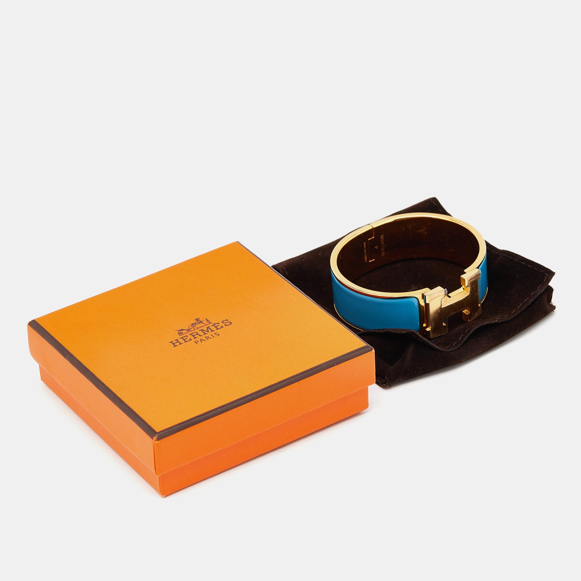 Hermès Clic Clac H Blau Emaille Vergoldetes Armband im Angebot 1