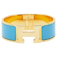 Vintage Hermès Clic Clac H Blue Enamel Gold Plated Bracelet