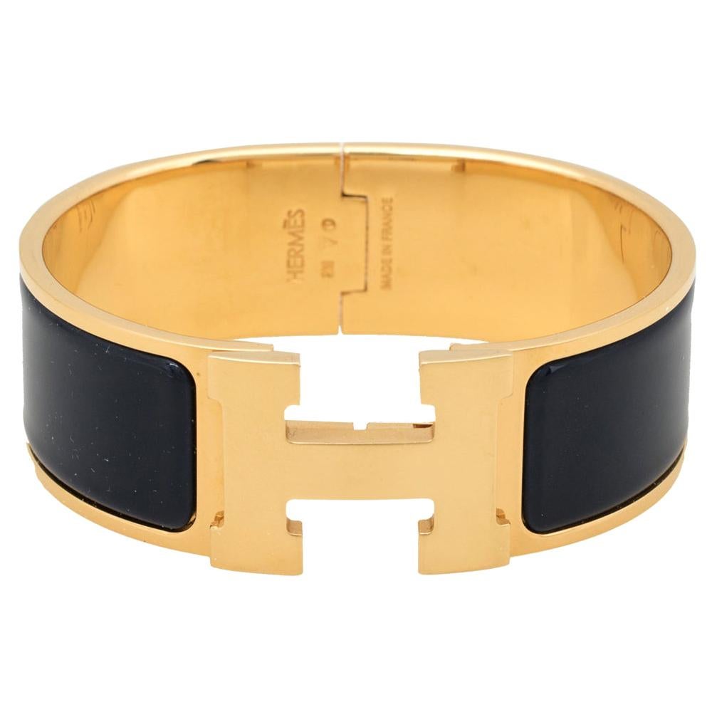 Hermes Clic Clac H Blue Enamel Gold Plated Bracelet PM