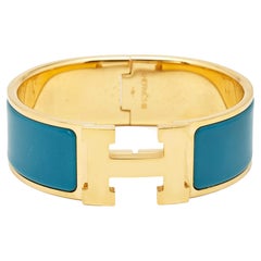 Hermes Clic Clac H Blue Enamel Gold Plated Wide Bracelet