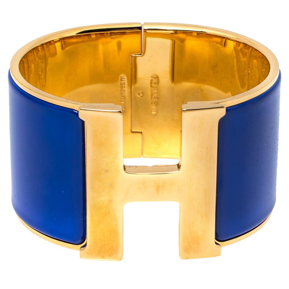 Hermès Clic Clac H Blue Enamel Gold Plated Wide Bracelet PM
