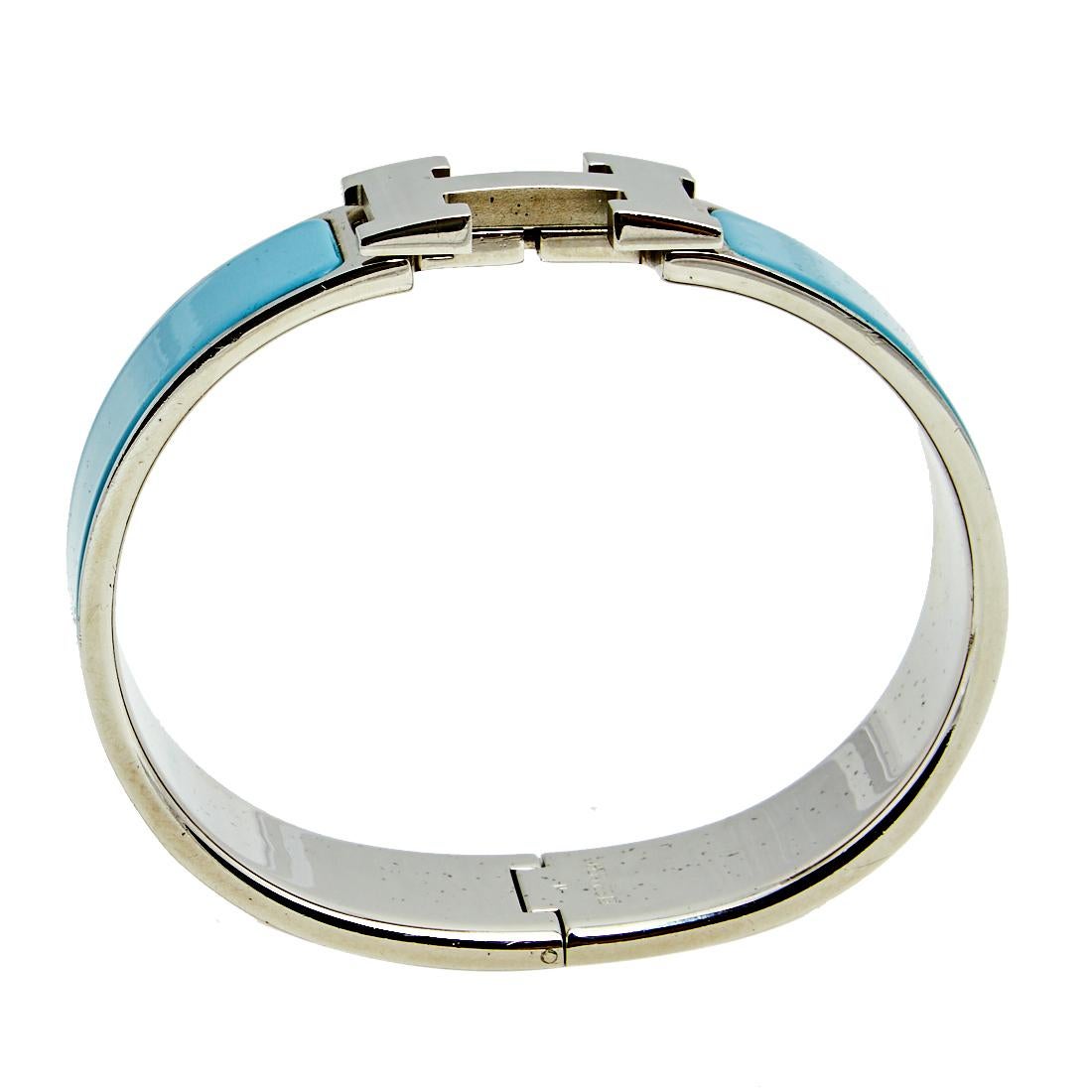 Contemporary Hermès Clic Clac H Blue Enamel Palladium Plated Wide Bracelet