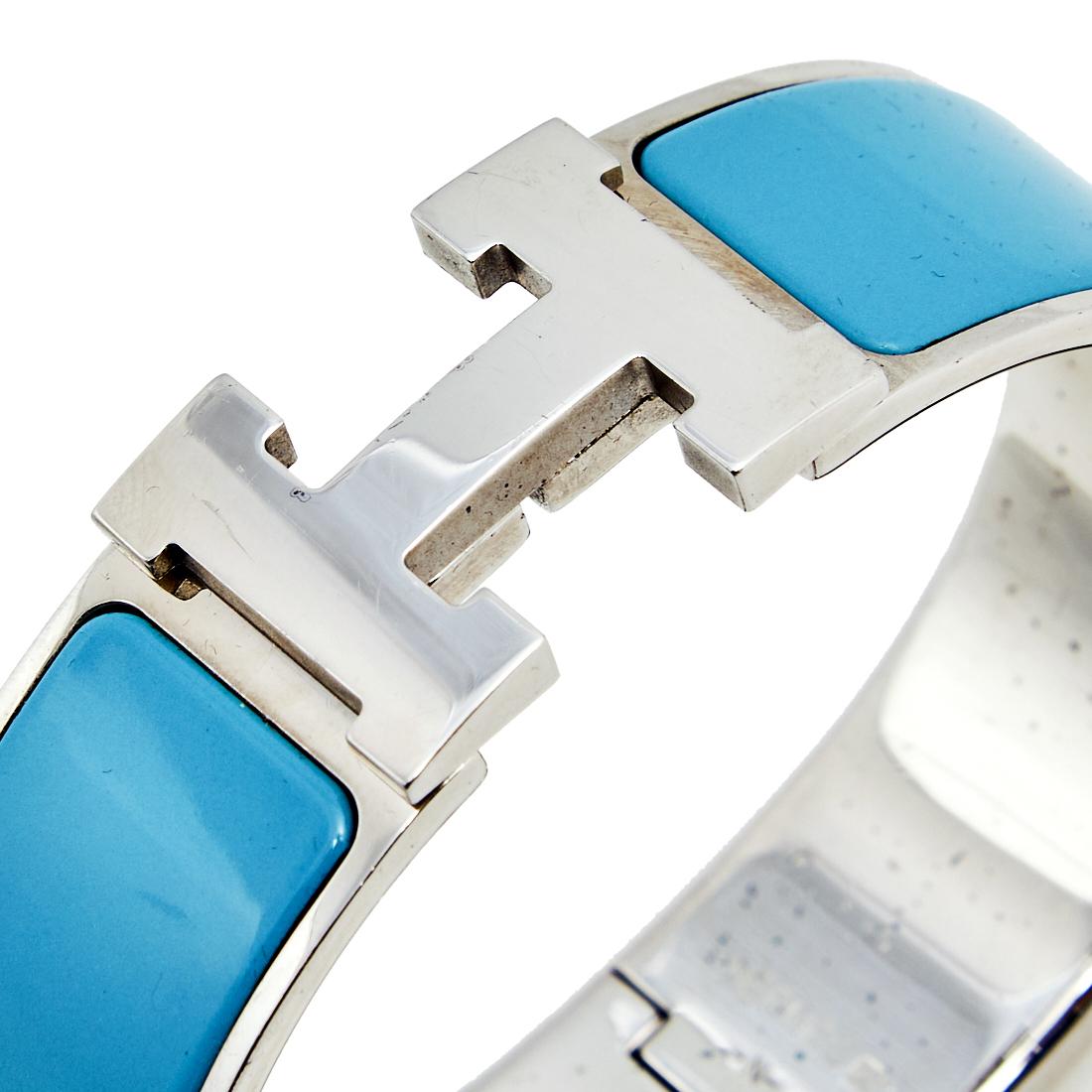 Women's Hermès Clic Clac H Blue Enamel Palladium Plated Wide Bracelet