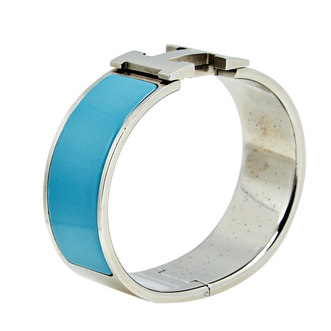 Hermès Clic Clac H Blue Enamel Palladium Plated Wide Bracelet 1