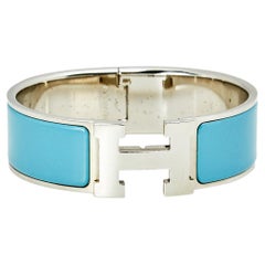 Hermès Clic Clac H Blue Enamel Palladium Plated Wide Bracelet
