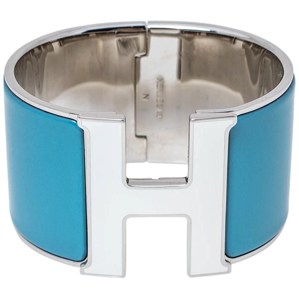 Hermès Clic Clac H Blue & White Enamel Palladium Plated Extra Wide Bracelet PM