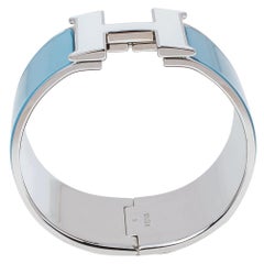 Hermès Clic Clac H Bracelet extra large en émail bleu et blanc plaqué palladium PM