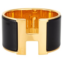 Hermes Clic Clac H Bracelet Black Enamel Extra Wide Yellow Gold Plate 