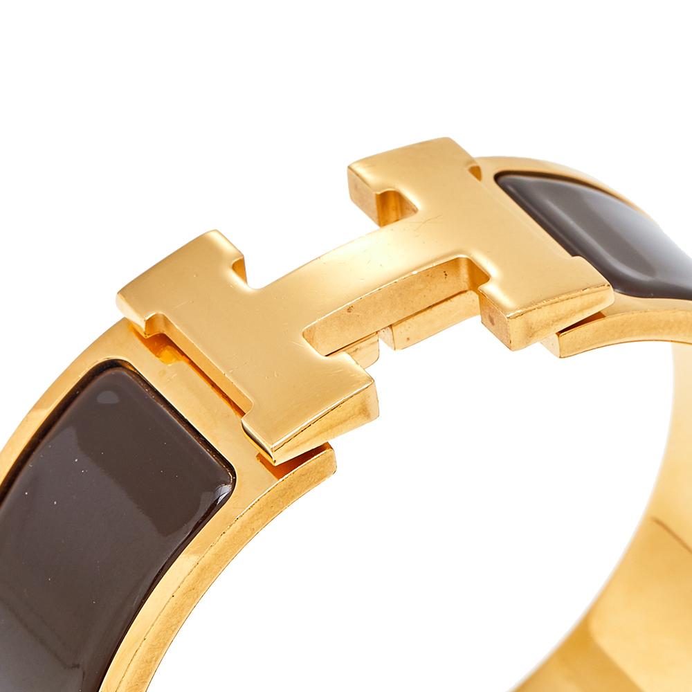 Contemporary Hermès Clic Clac H Brown Enamel Gold Plated Wide Bracelet