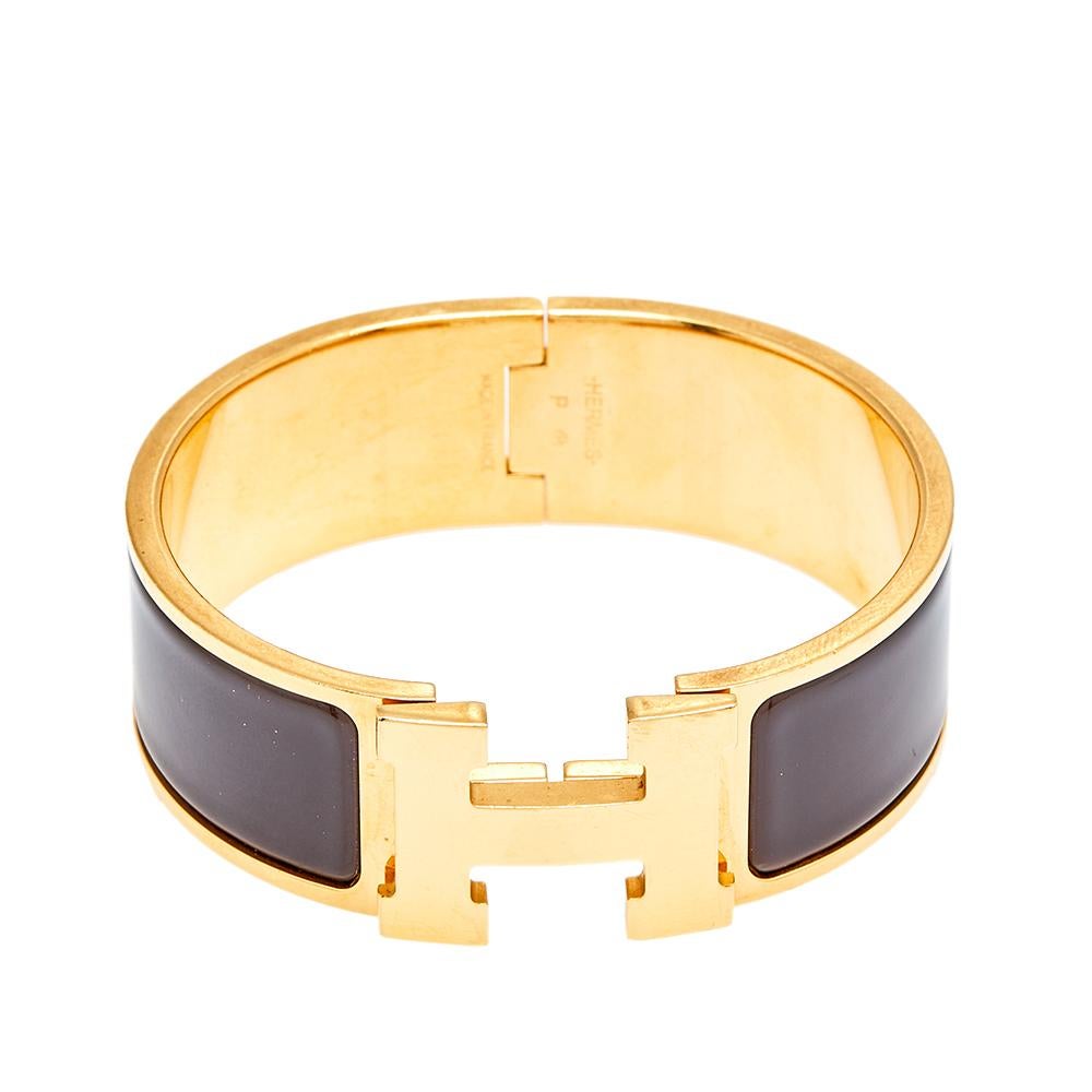 Hermès Clic Clac H Brown Enamel Gold Plated Wide Bracelet In Good Condition In Dubai, Al Qouz 2