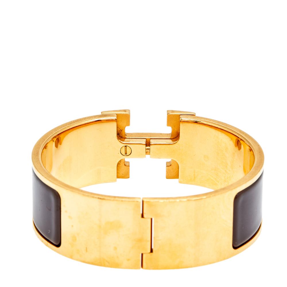 Hermès Clic Clac H Brown Enamel Gold Plated Wide Bracelet 1