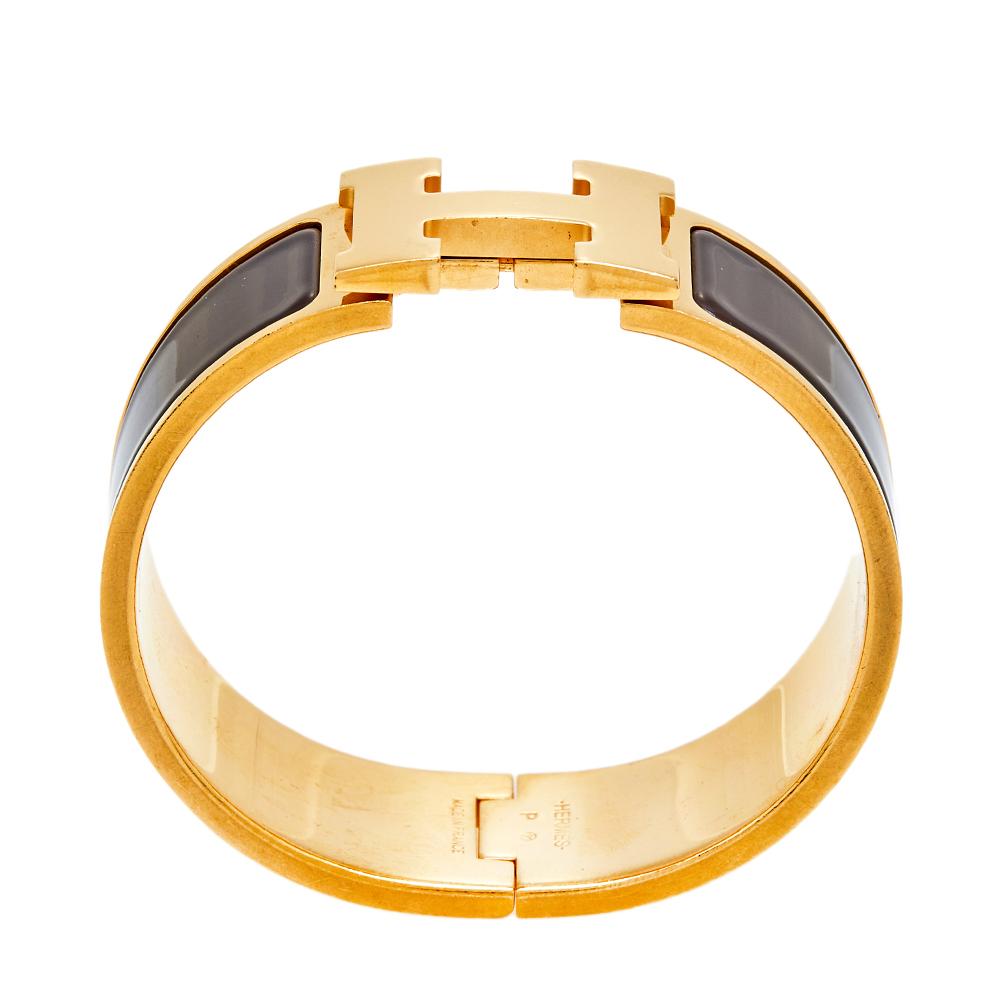 Hermès Clic Clac H Brown Enamel Gold Plated Wide Bracelet 2