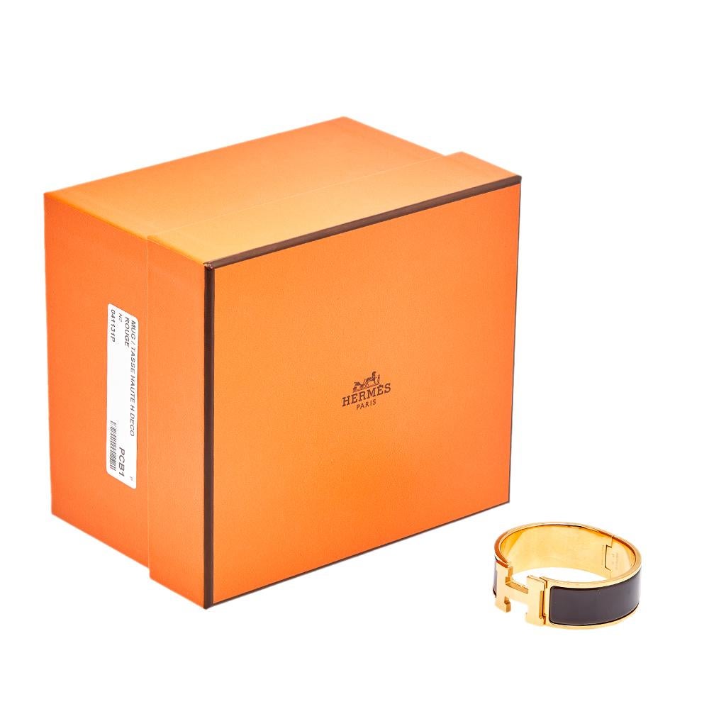 Hermès Clic Clac H Brown Enamel Gold Plated Wide Bracelet 3