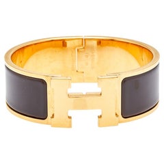 Hermès Clic Clac H Brown Enamel Gold Plated Wide Bracelet
