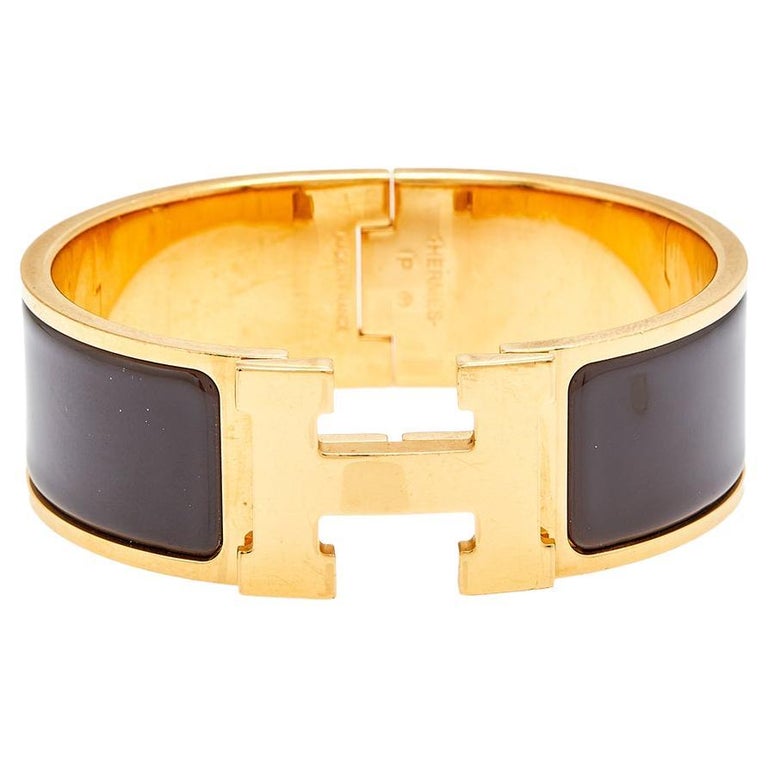 Hermès Clic Clac H Brown Enamel Gold Plated Wide Bracelet at 1stDibs