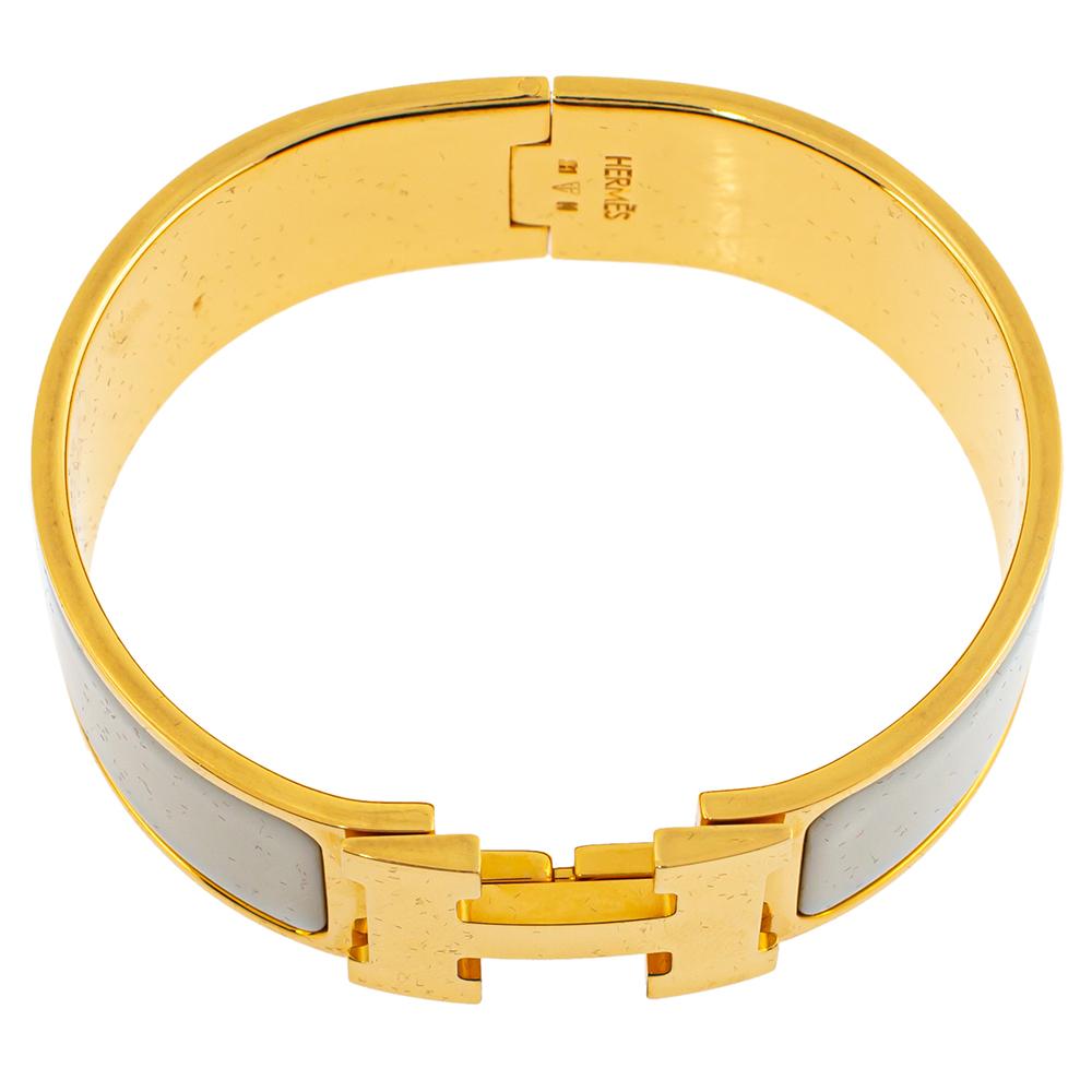 Contemporary Hermès Clic Clac H Cream Enamel Gold Plated Wide Bracelet PM