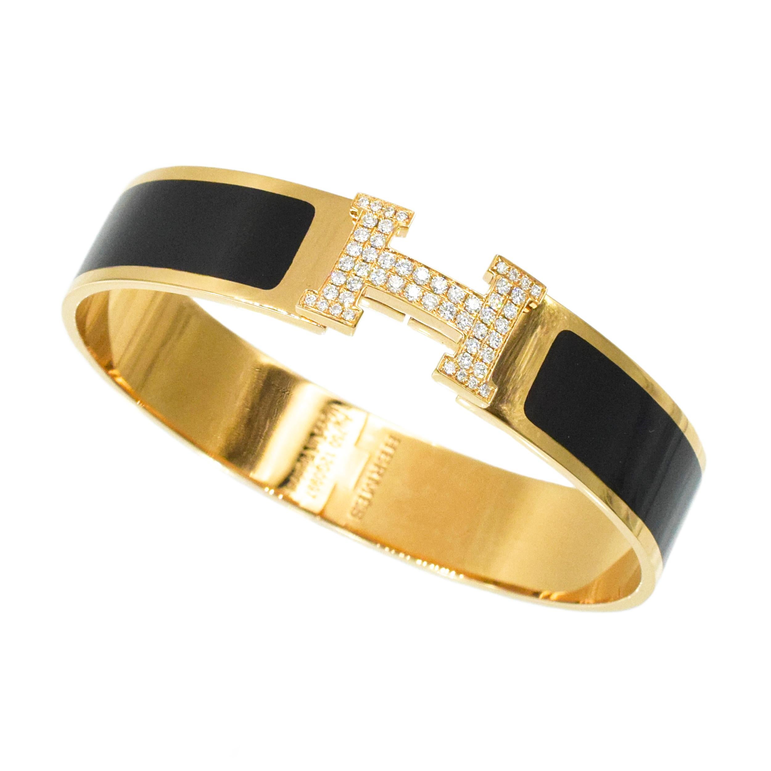 Taille ronde Hermes Clic Clac H Bracelet en diamant et émail noir en vente