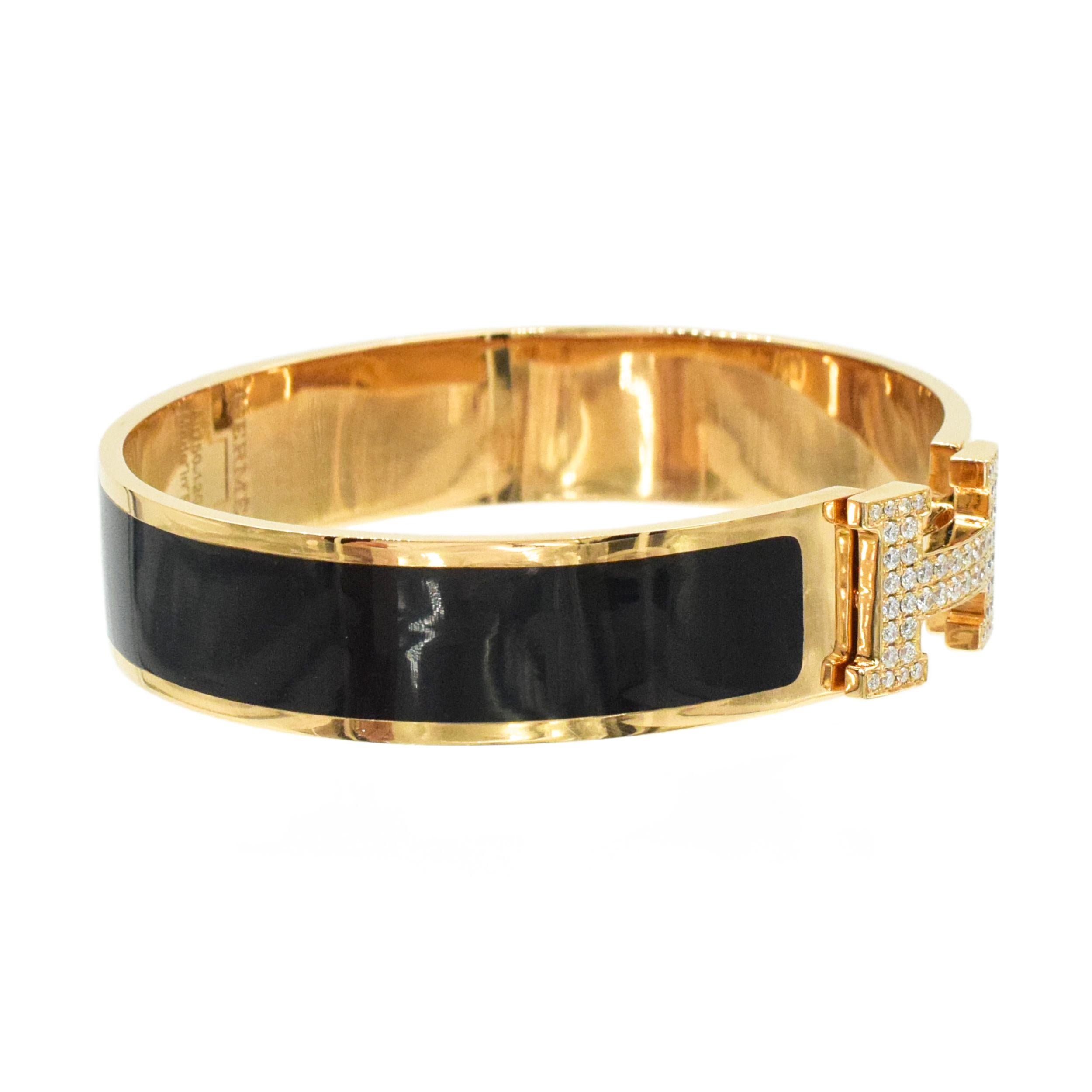 Round Cut Hermes Clic Clac H Diamond and Black Enamel Bangle Bracelet