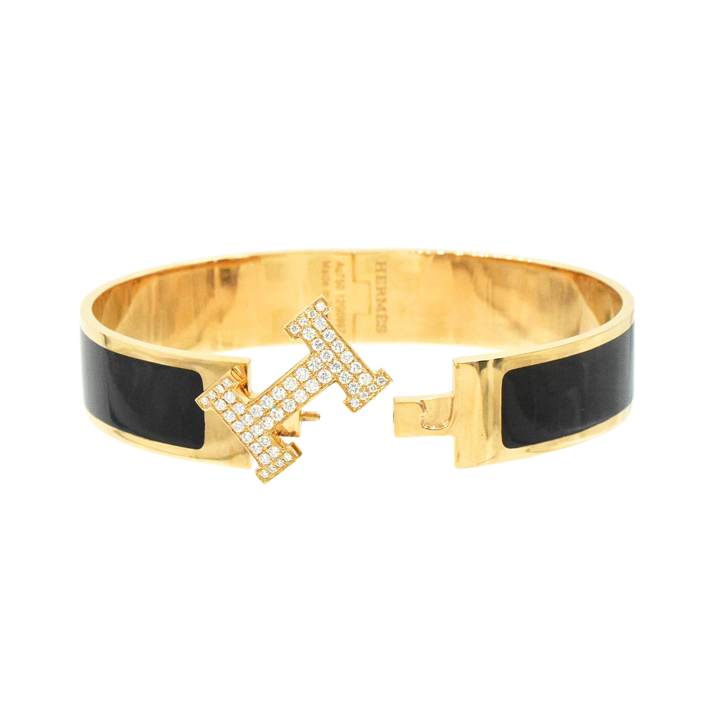Hermes Clic Clac H Diamond and Black Enamel Bangle Bracelet In Excellent Condition For Sale In New York, NY