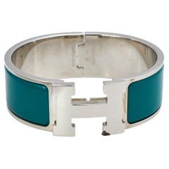 Hermès Clic Clac H Green Enamel Palladium Plated Wide Bracelet PM