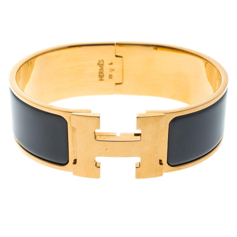 Hermes Clic Clac H Grey Enamel Gold Plated Wide Bracelet GM