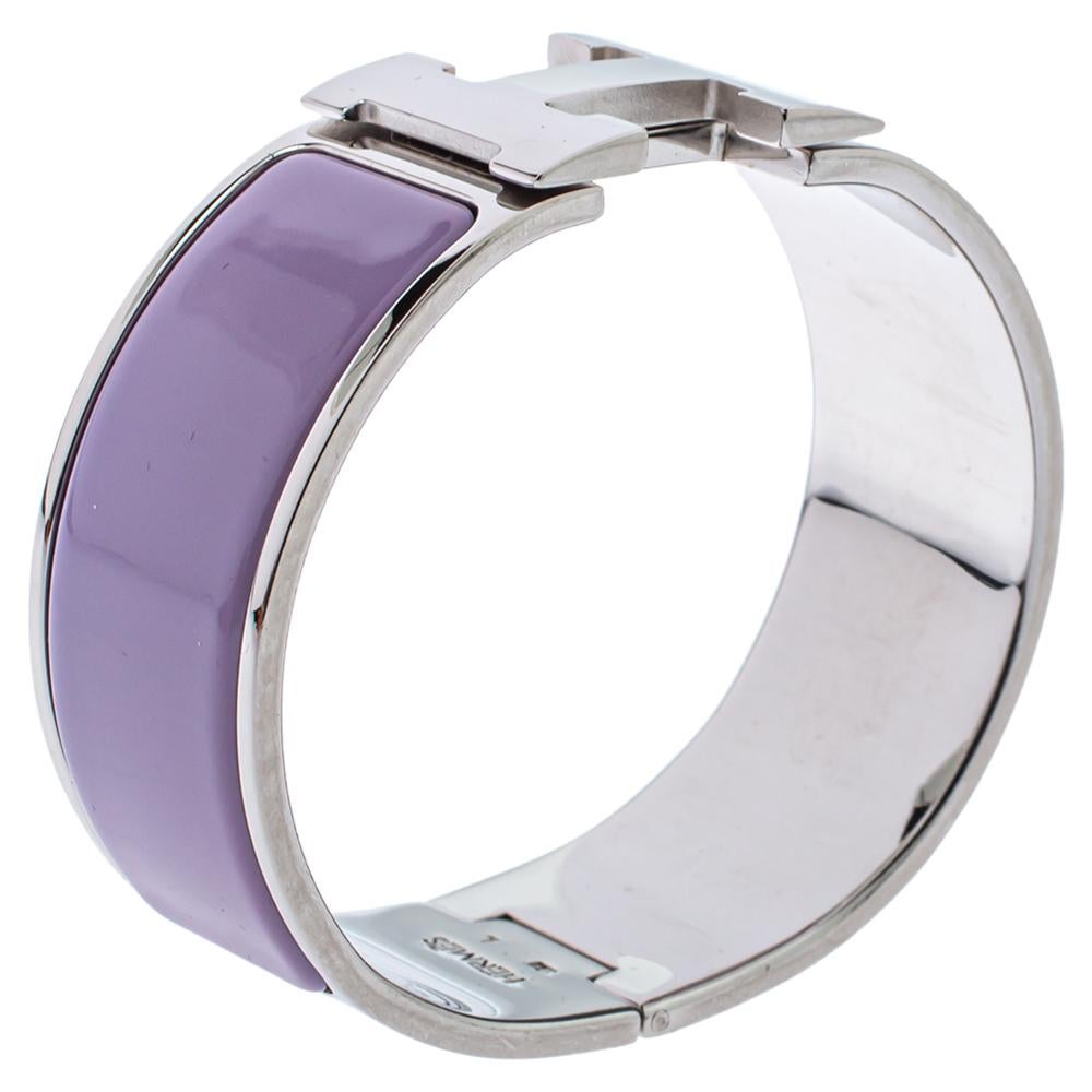 Hermès Clic Clac H Lavender Enamel Palladium Plated Wide Bracelet PM In Good Condition In Dubai, Al Qouz 2