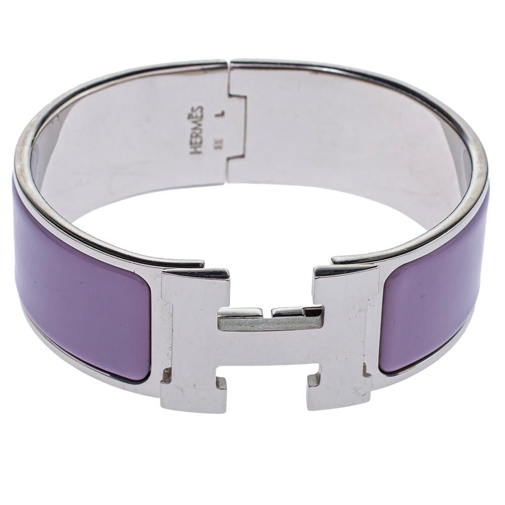 Hermès Clic Clac H Lavender Enamel Palladium Plated Wide Bracelet PM