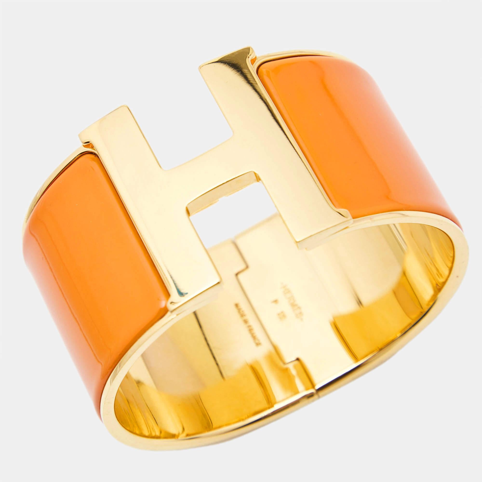 Contemporary Hermes Clic Clac H Orange Enamel Gold Plated Extra Wide Bracelet