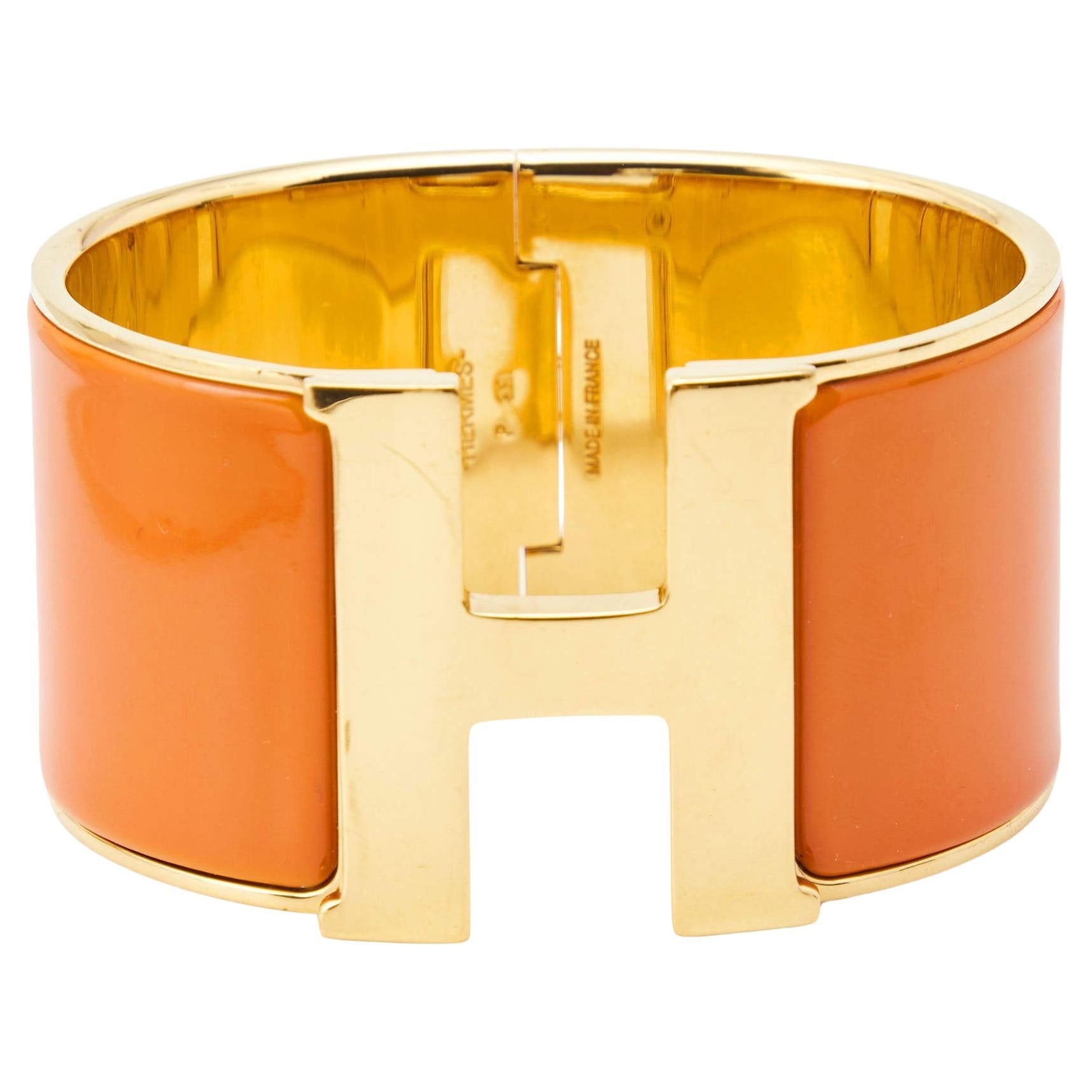 Hermes Clic Clac H Orange Enamel Gold Plated Extra Wide Bracelet