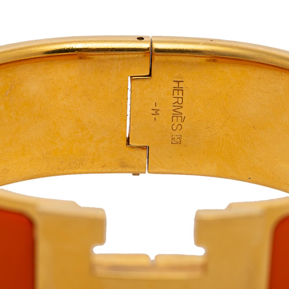 Contemporary Hermès Clic Clac H Orange Enamel Gold Plated Wide Bracelet