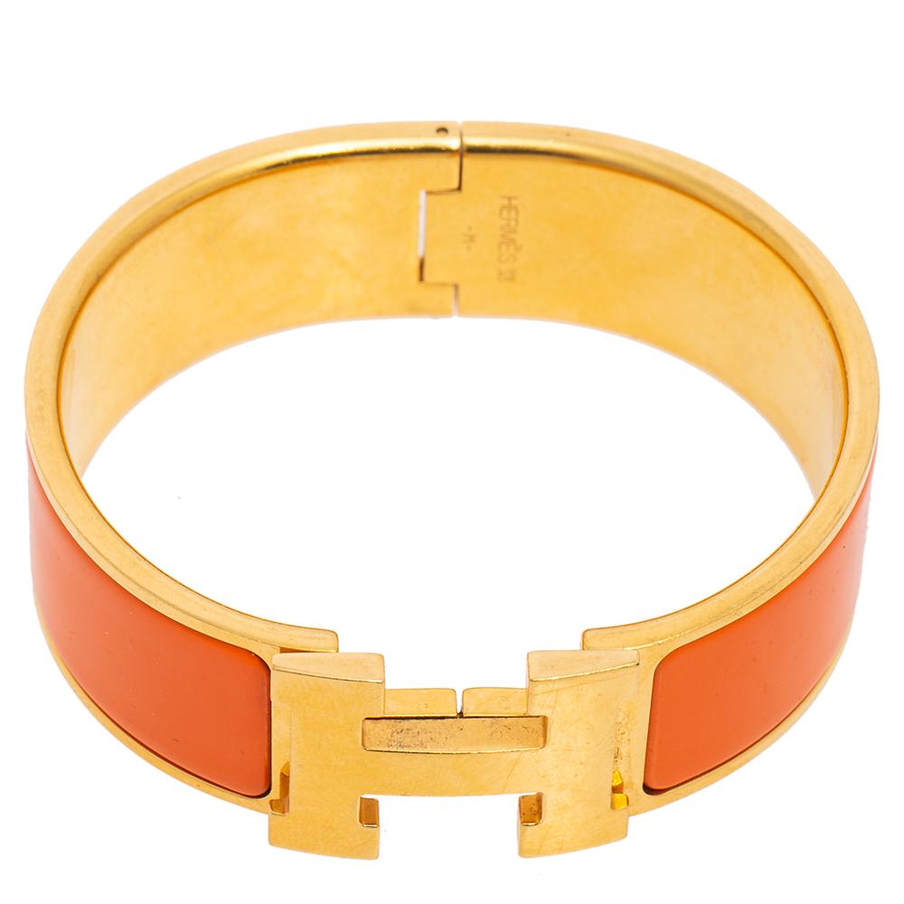 Women's Hermès Clic Clac H Orange Enamel Gold Plated Wide Bracelet