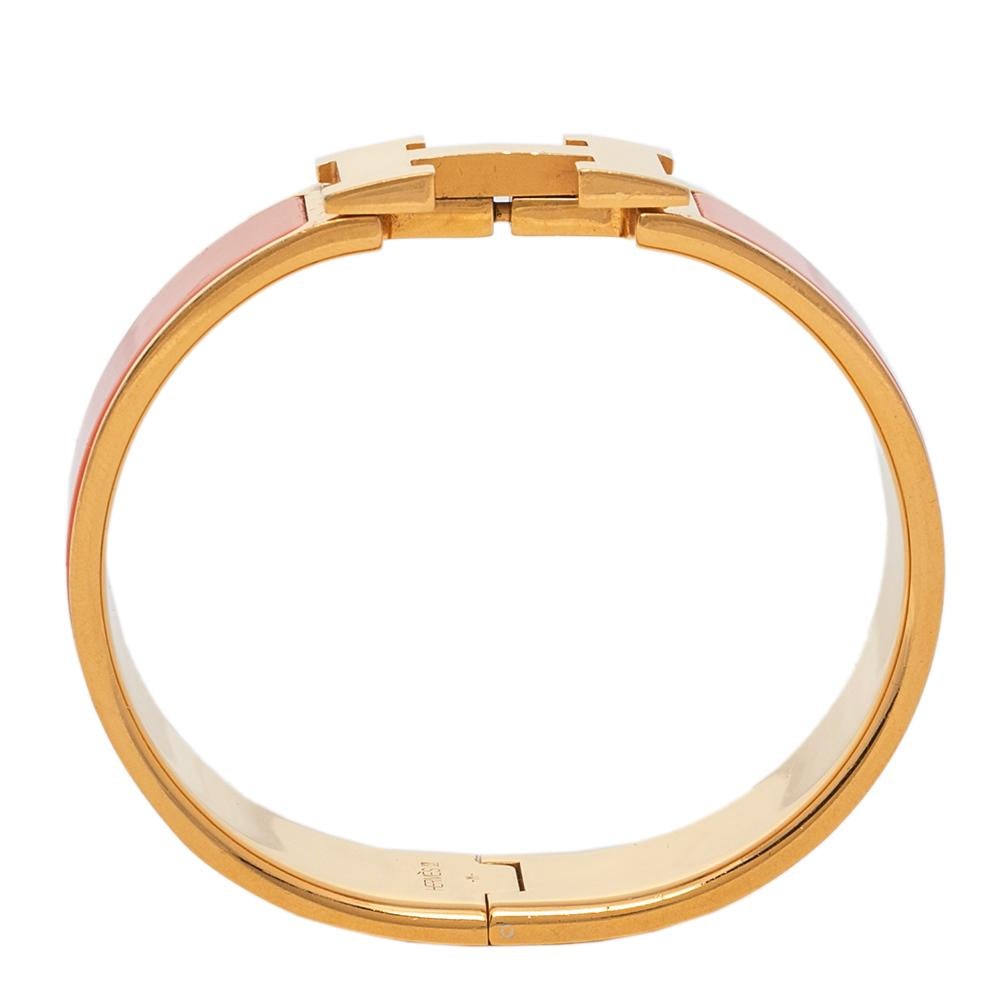 Contemporary Hermès Clic Clac H Orange Enamel Gold Plated Wide Bracelet PM