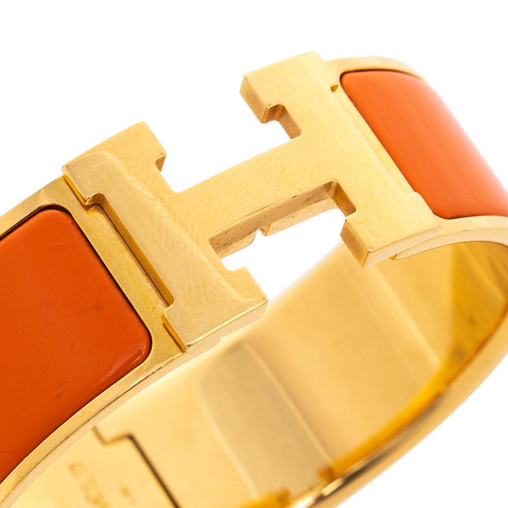Hermès Clic Clac H Orange Enamel Gold Plated Wide Bracelet PM 1